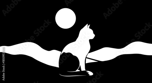 Elegant feline silhouette gazing at the moon, a minimalist design evoking serenity and mystery under the night sky, perfect for sophisticated branding