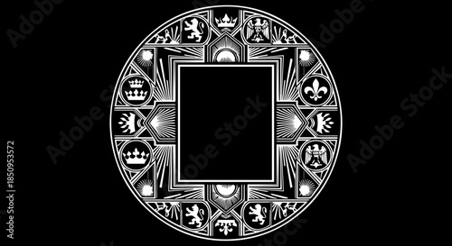 Elegant royal heraldry ornament design, intricate heraldic frame with crowns and fleur de lis, classic symbol of power and prestige, originally vector graphics