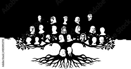 Generations of Ancestors Branching from Family Tree Roots, Symbolizing Heritage and Legacy in a Timeless Artistic Depiction