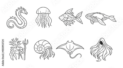 Monochrome sea creatures illustrations: dragon, jellyfish, fish, whale, octopus, nautilus, ray, mermaid