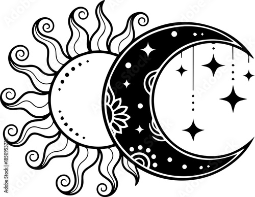 Mystical sun and moon celestial icons with twinkling stars create enchanting cosmic magic for spiritual and astrological designs