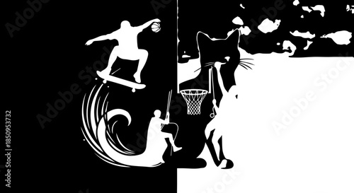 Dynamic duo fuses extreme sports action with playful feline charm in striking black and white contrast art