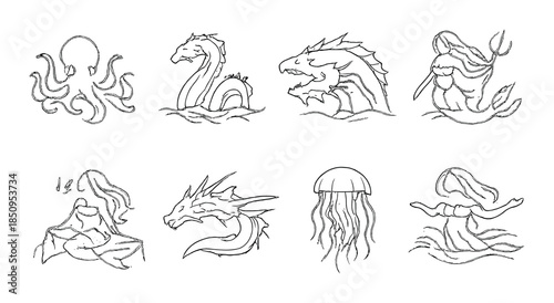 Monochrome sea creatures: octopus, serpents, dragon, mermaids, jellyfish