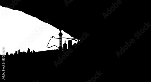 Bold graphic silhouette of a leaping bull against a stark urban skyline, embodying raw power and ambition for dynamic branding and impactful visuals.