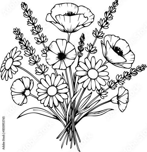 Delicate line art bouquet featuring poppies daisies and lavender creating a charming vintage floral design perfect for invitations cards and decor