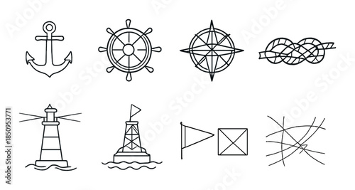 Nautical symbols collection: anchor, wheel, compass, knot, lighthouse, buoy, flags