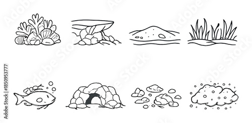 Aquarium decorations: coral, rocks, plants, fish cave, gravel, sand