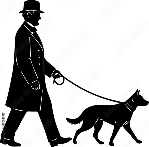 Elegant gentleman promenading with loyal canine companion on leisurely stroll, classic style captured in striking silhouette