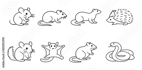 Illustrated black and white cartoon rodents and reptile on gray background