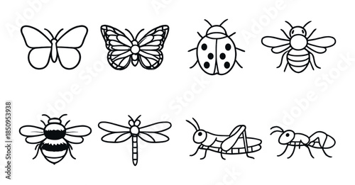 Black and white insect icons including butterfly, bee, dragonfly, ladybug, ant