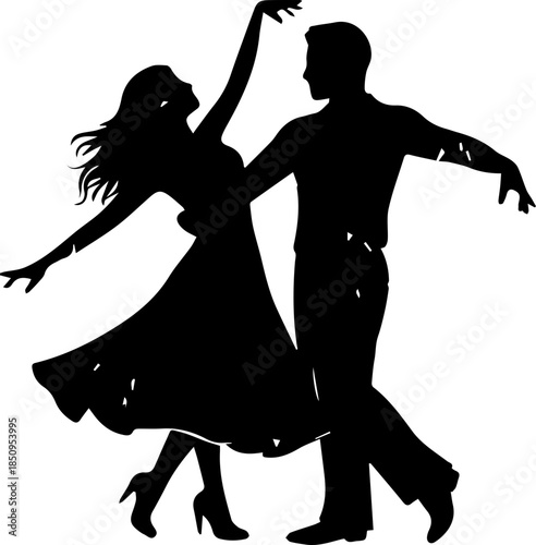 Dynamic couple in elegant silhouette gracefully dancing, capturing the joy and passion of movement, perfect for event promotion and lifestyle concepts