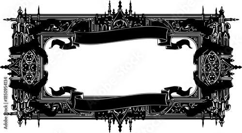 Elegant Gothic ornate frame with ribbons and intricate architectural details for luxurious invitations, certificates, and vintage designs