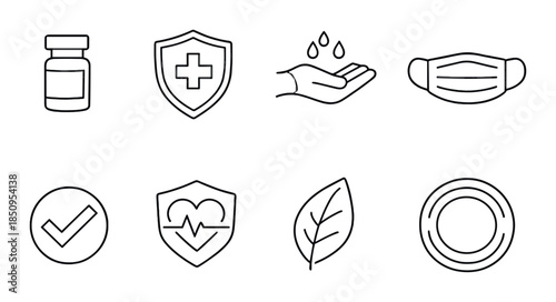 Healthcare and hygiene icons: vaccine, mask, handwashing, health symbols
