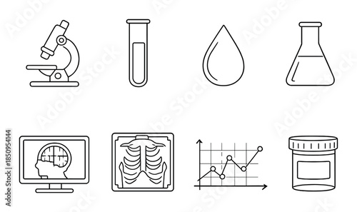 Science and medical icons: microscope, test tube, brain scan, x-ray, graph, lab equipment