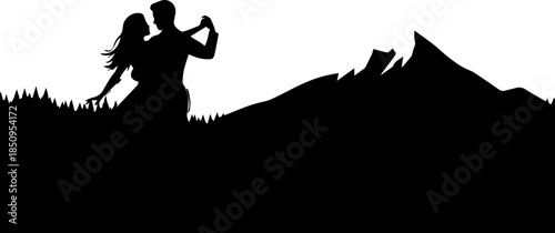 Romantic couple dancing joyfully amidst majestic mountain silhouettes, celebrating love and freedom in nature's embrace.