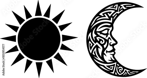 Dynamic sun and stylized moon face symbols creating a striking contrast, perfect for representing duality, day and night, or celestial themes in design projects.