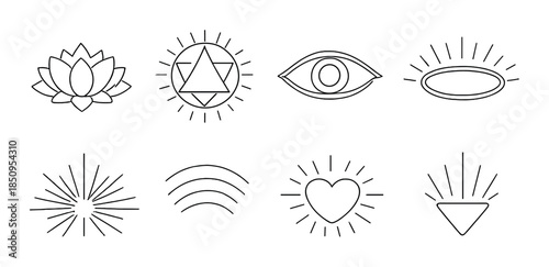 Minimalist geometric symbols: lotus, triangle, eye, heart, and more on gradient background