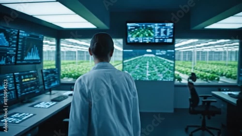 Wallpaper Mural A scientist points at a digital screen showing data in a high-tech lab, plants in the background Torontodigital.ca