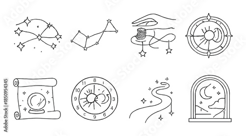 Astrology symbols: constellations, tarot, clocks, and path illustrations