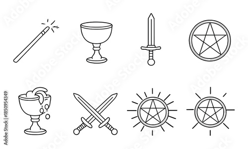 Magic wand sword chalice and pentacle symbols on gray background