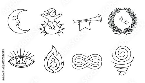 Set of nine black line icons on gray background: moon, child, trumpet, wreath, eye, flame, infinity, spiral