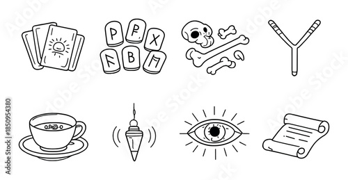 Mystical symbols: tarot, runes, skull, slingshot, tea, pendulum, eye, scroll