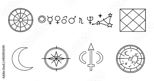 Astrology symbols and zodiac constellations on grayscale background