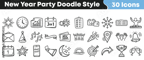 Collection of thirty hand drawn doodle style icons perfect for celebrating the new year holiday and festive events on transparent background
