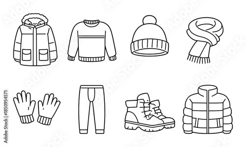 Winter clothing icons: jacket, sweater, beanie, scarf, gloves, boots