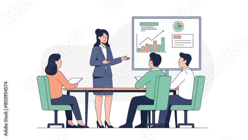 business meeting or presentation with colleagues discussing data and charts in a modern conference