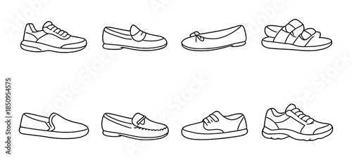 Illustrated varieties of footwear collection featuring sneakers, loafers, flats, and sandals