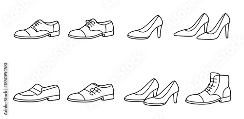 Black and white shoe icons set featuring various men's and women's footwear styles