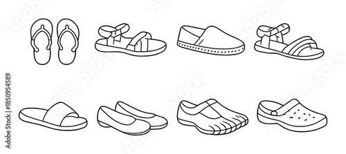 Variety of casual footwear: sandals, slip-ons, and more
