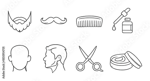 Barber tools icons: beard, moustache, comb, scissors, hair products