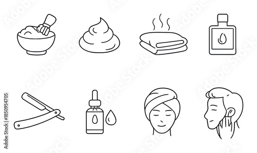 Barber and skincare icons: cream, towel, razor, serums, female heads