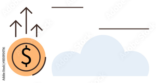 Dollar coin with rising arrows symbolizing financial prosperity alongside a soft cloud. Ideal for finance, investment, economy, success, digital growth, innovation, income. Simple flat metaphor