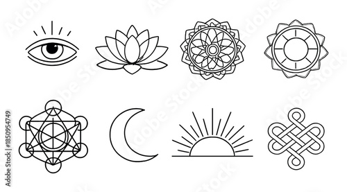Sacred geometry icons: eye, lotus, mandala, metatron, moon, sun, knot