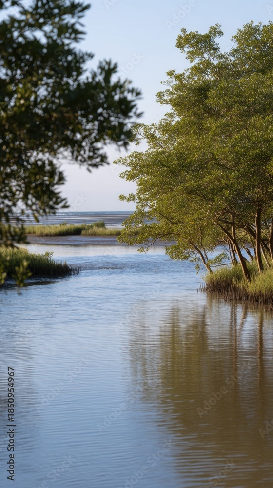 Fototapeta premium Tranquil Tidal Water Reflecting Trees in Vertical Frame During Twilight Time