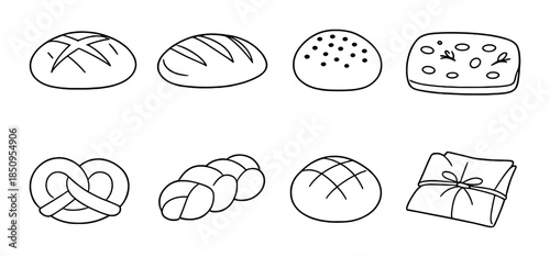 Variety of hand-drawn bread types: loaves, buns, pretzel, focaccia, croissant
