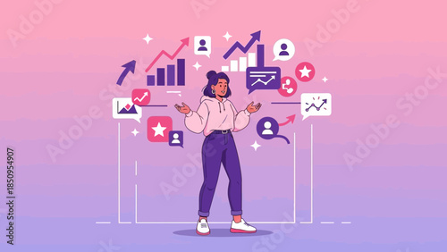 Empowered woman analyzing growth metrics and social media engagement with data visualization