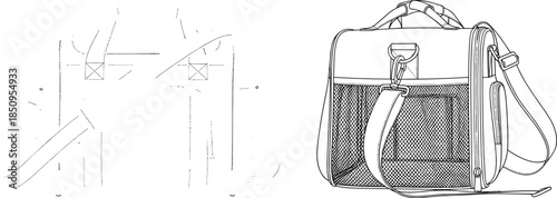 Technical line drawing of travel shoulder bag, front and back view, modern messenger duffel bag design, vector outline illustration for product presentation