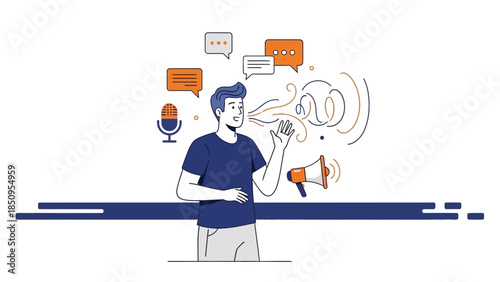 Illustration of a person speaking into a megaphone with speech bubbles symbolizing communication
