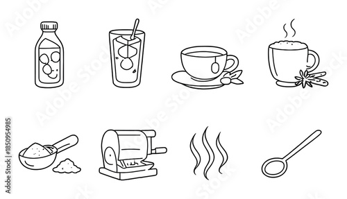 Beverage icons: juice, coffee, tea, grinder, steam, sugar, spoon