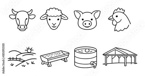 Farm animal icons and agricultural equipment illustrations on gray background