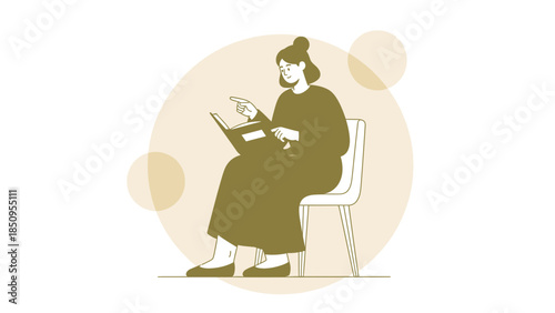 Illustration of a woman sitting on a chair using a tablet and pointing at the screen