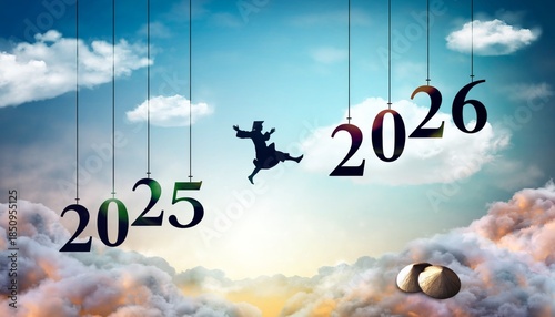Surreal New Year 2026 Concept of Silhouette Man Jumping Between Giant Floating Doorways