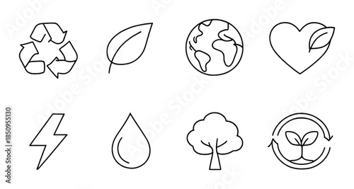 Eco-friendly symbols: recycling, sustainability, renewable energy, conservation icons