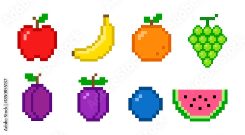 Colorful pixel art fruit collection in retro 8 bit style