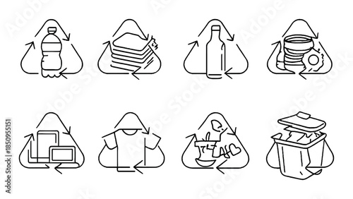 Recycling symbols for plastic, paper, glass, metal, electronics, textiles, and waste