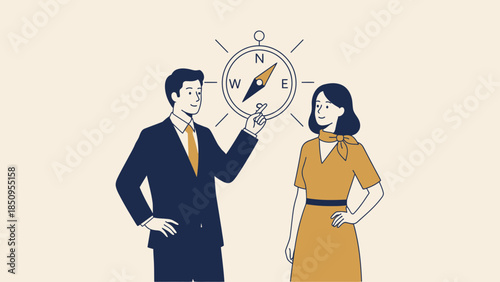 business professionals discussing strategy with a compass symbol in a modern illustration